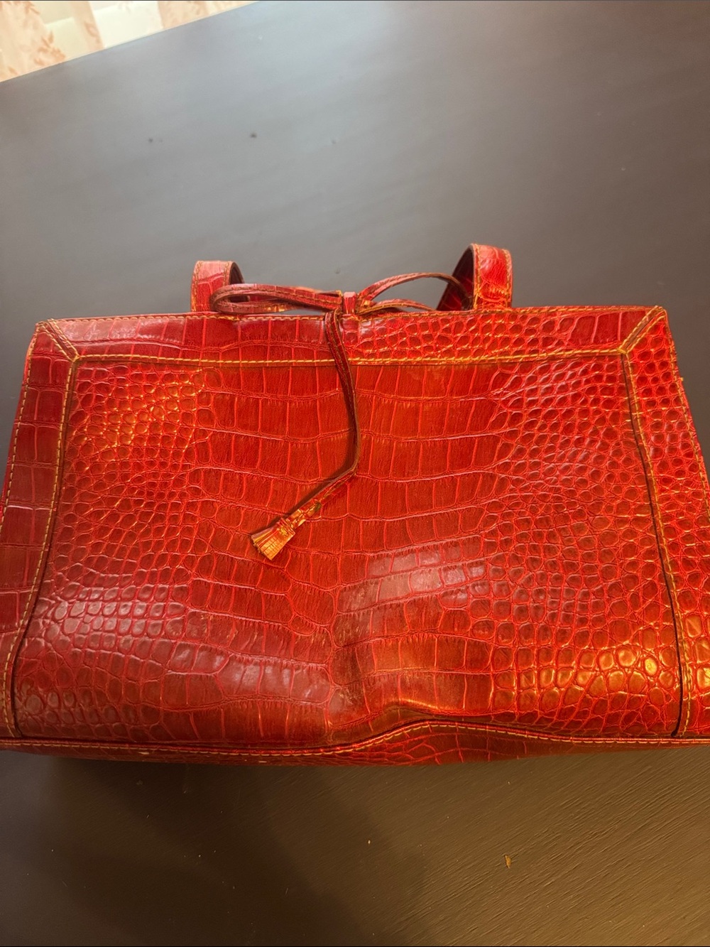 Liz Claiborne Red Croc-Embossed Tote with Top Tie